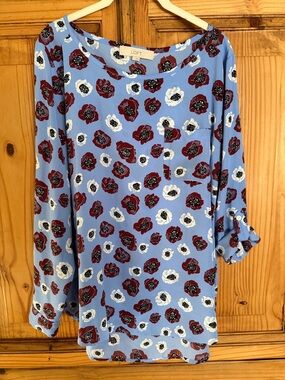LOFT Light Blue Floral Top with Burgundy and White Blooms